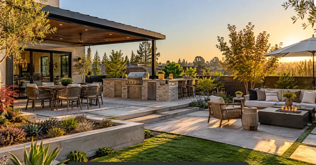 Backyard outdoor living area with a built-in kitchen, covered dining patio, fire table, lawn, and landscaped garden.