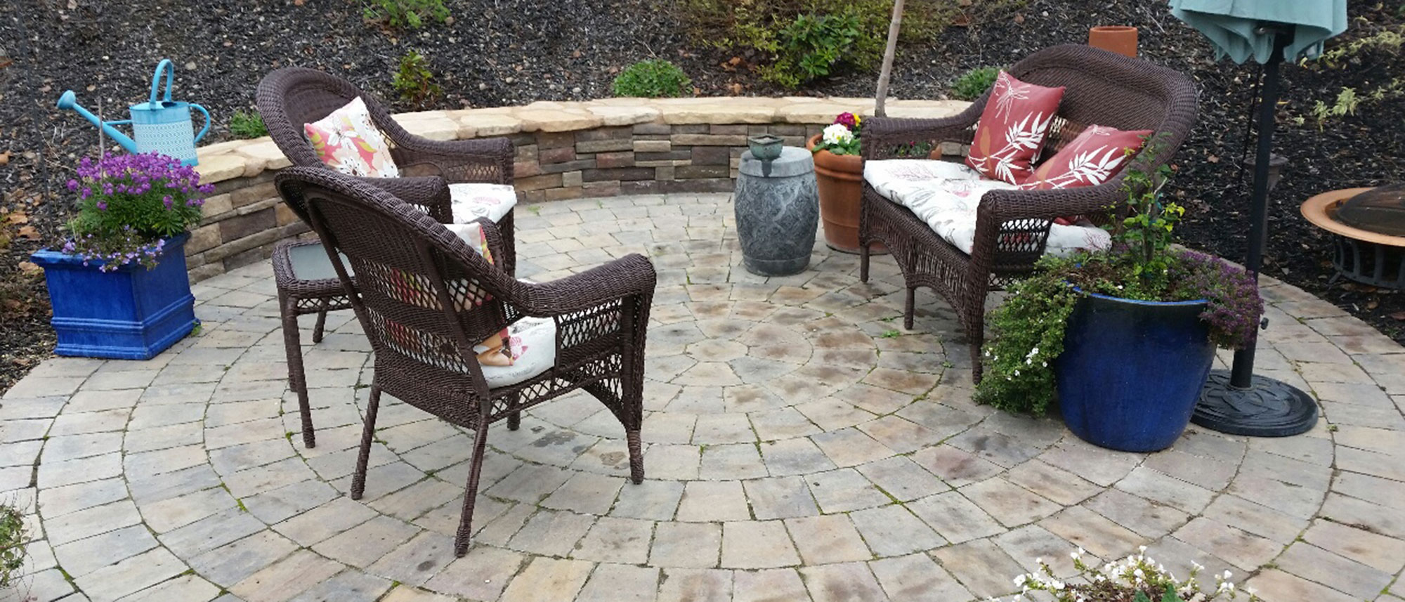 Stone patio with deck chairs
